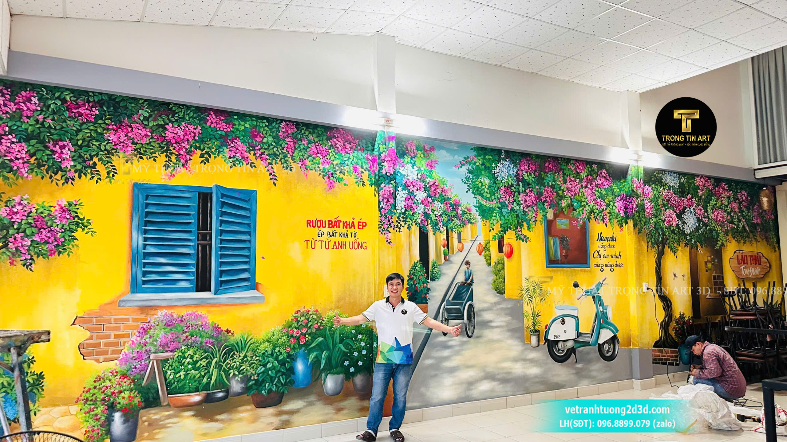 vẽ tranh tường phố cổ,tranh tường phố cổ Hội An,vẽ tranh tường phố cổ Hà Nội,tranh tường hoa giấy,tranh tường quán cafe phố cổ,vẽ tranh 3d