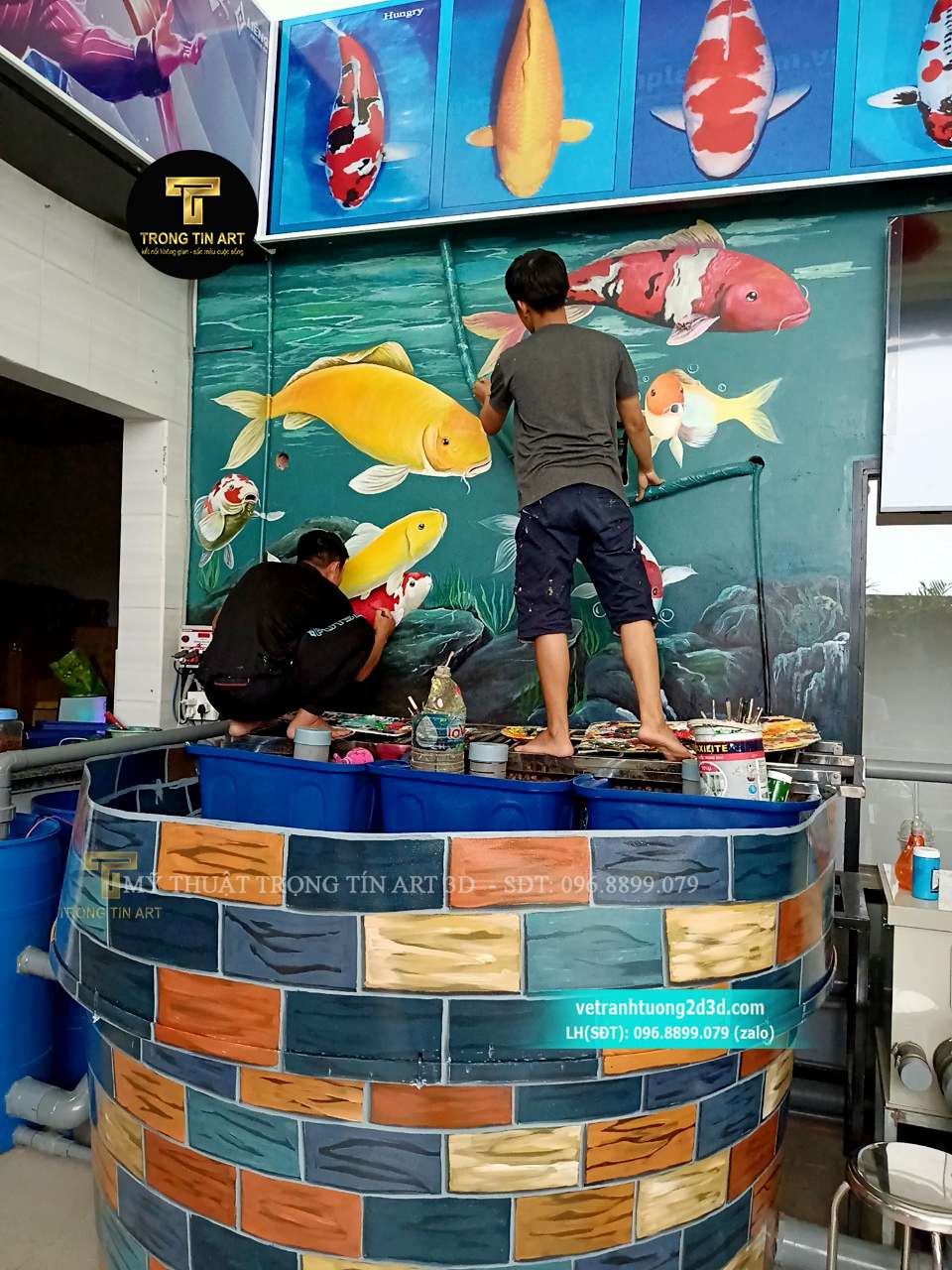 vẽ tường quán cafe cá koi, tranh tường tropical, vẽ tranh hoa lá nhiệt đới, tranh tường quán cafe đẹp,vẽ tranh tường cá koi,vẽ quán cafe