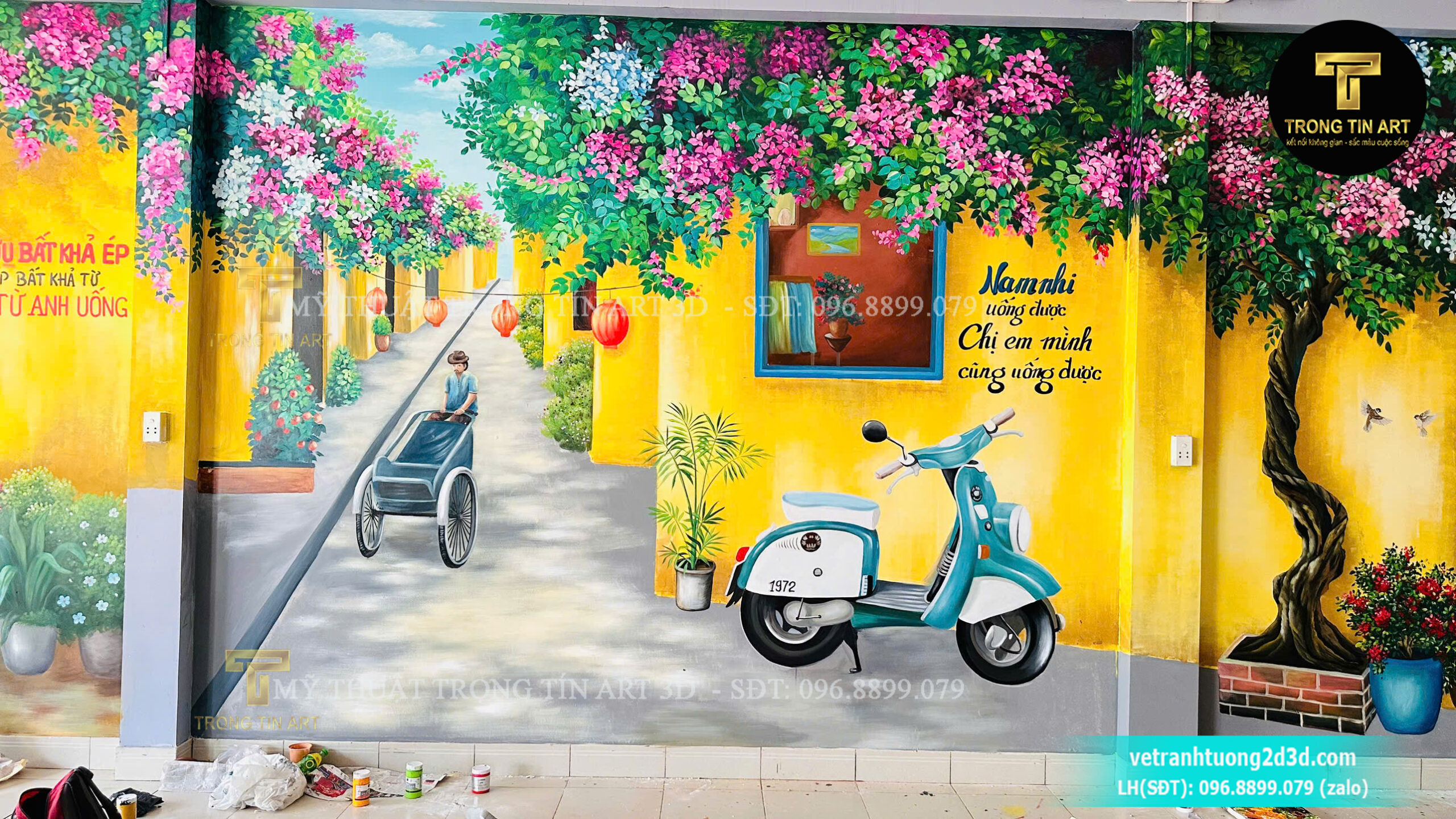 vẽ tranh tường hoa giấy, vẽ tranh tường hoa giấy phố cổ, tranh tường hoa giấy đẹp, tranh tường hoa giấy hội an, tranh tường hoa giấy cho quán cafe