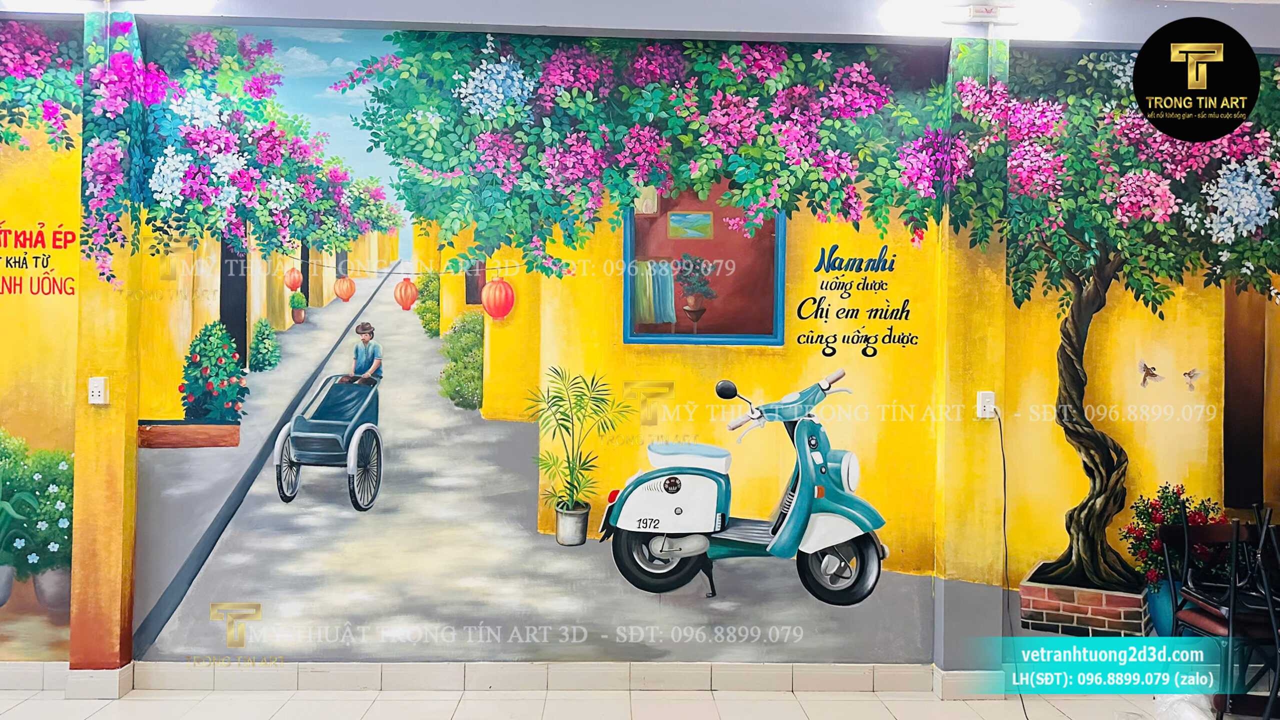 vẽ tranh tường hoa giấy, vẽ tranh tường hoa giấy phố cổ, tranh tường hoa giấy đẹp, tranh tường hoa giấy hội an, tranh tường hoa giấy cho quán cafe