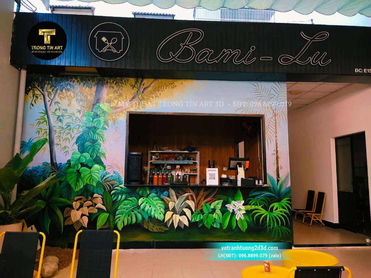 vẽ tường quán cafe cá koi, tranh tường tropical, vẽ tranh hoa lá nhiệt đới, tranh tường quán cafe đẹp,vẽ tranh tường cá koi,vẽ quán cafe