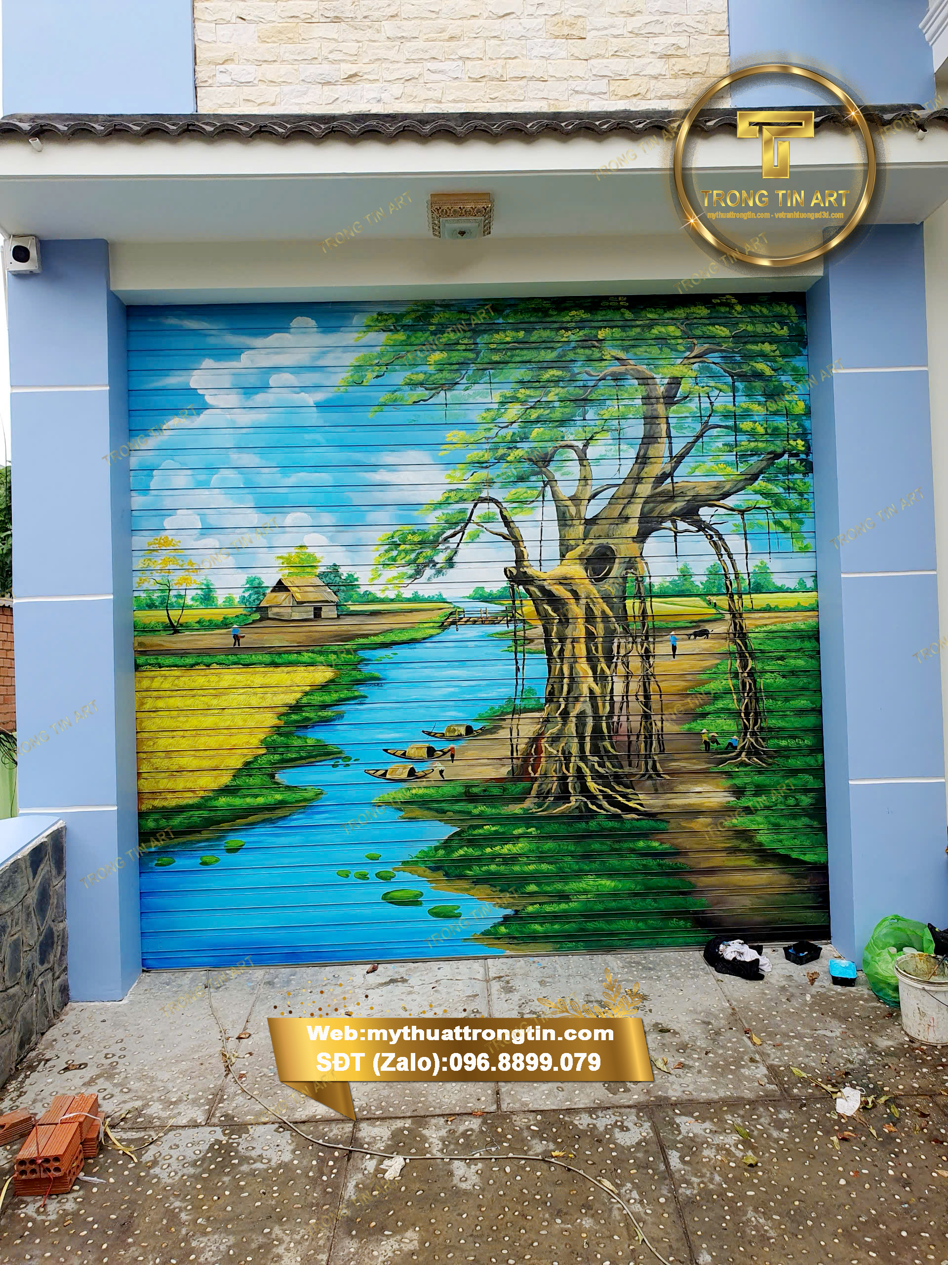vẽ tranh lên cửa cuốn,vẽ tranh cửa cuốn,vẽ tranh đồng quê trên cửa cuốn,vẽ tranh cửa cuốn ngoài trời,vẽ logo tên shop lên cửa cuốn