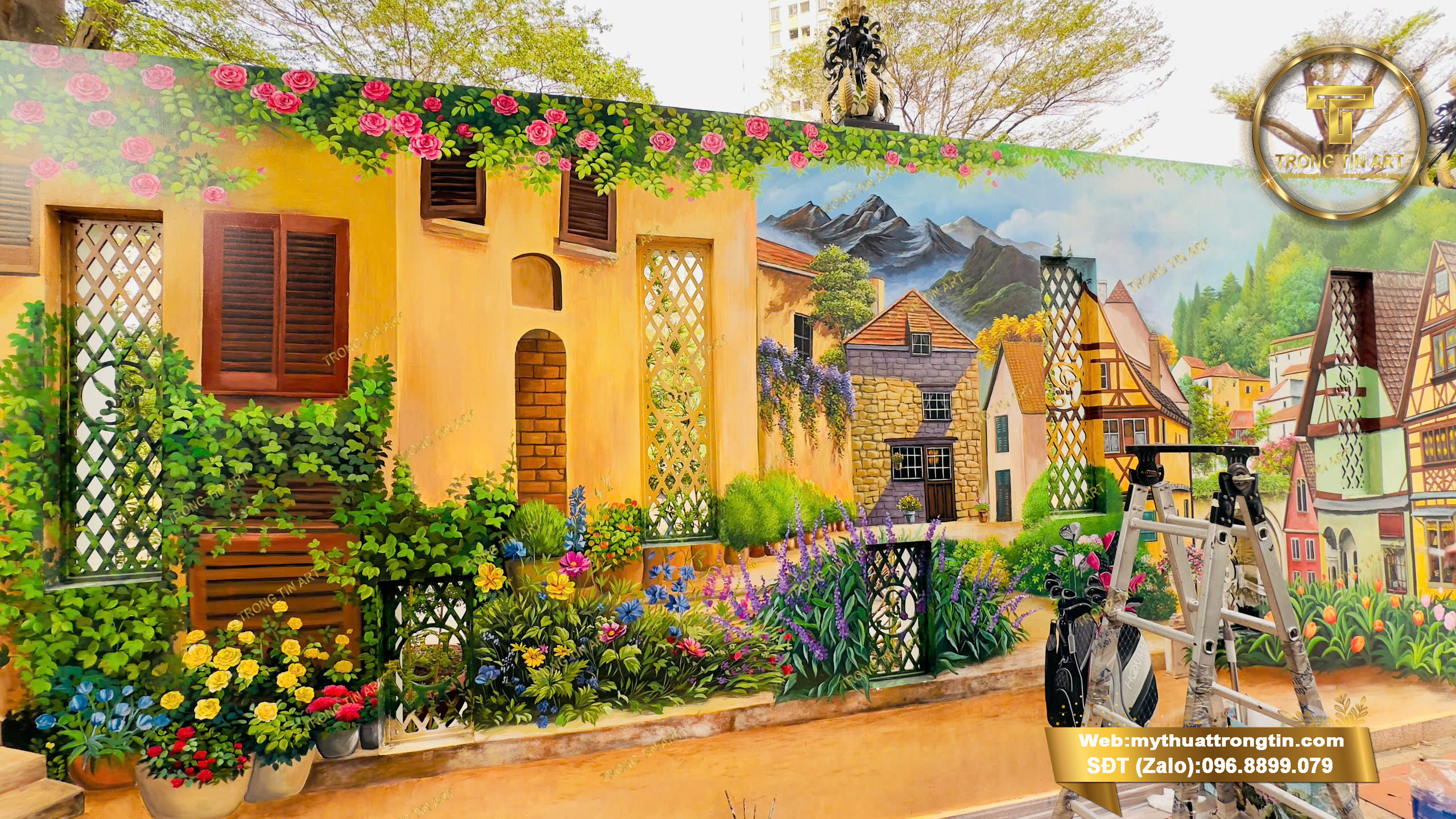 vẽ tranh tường 3d,tranh tường hoa hồng,vẽ tranh tường phố cổ 3d,tranh phố cổ châu Âu,vẽ tranh phong cảnh,vẽ tranh phố cổ,vẽ tranh tường