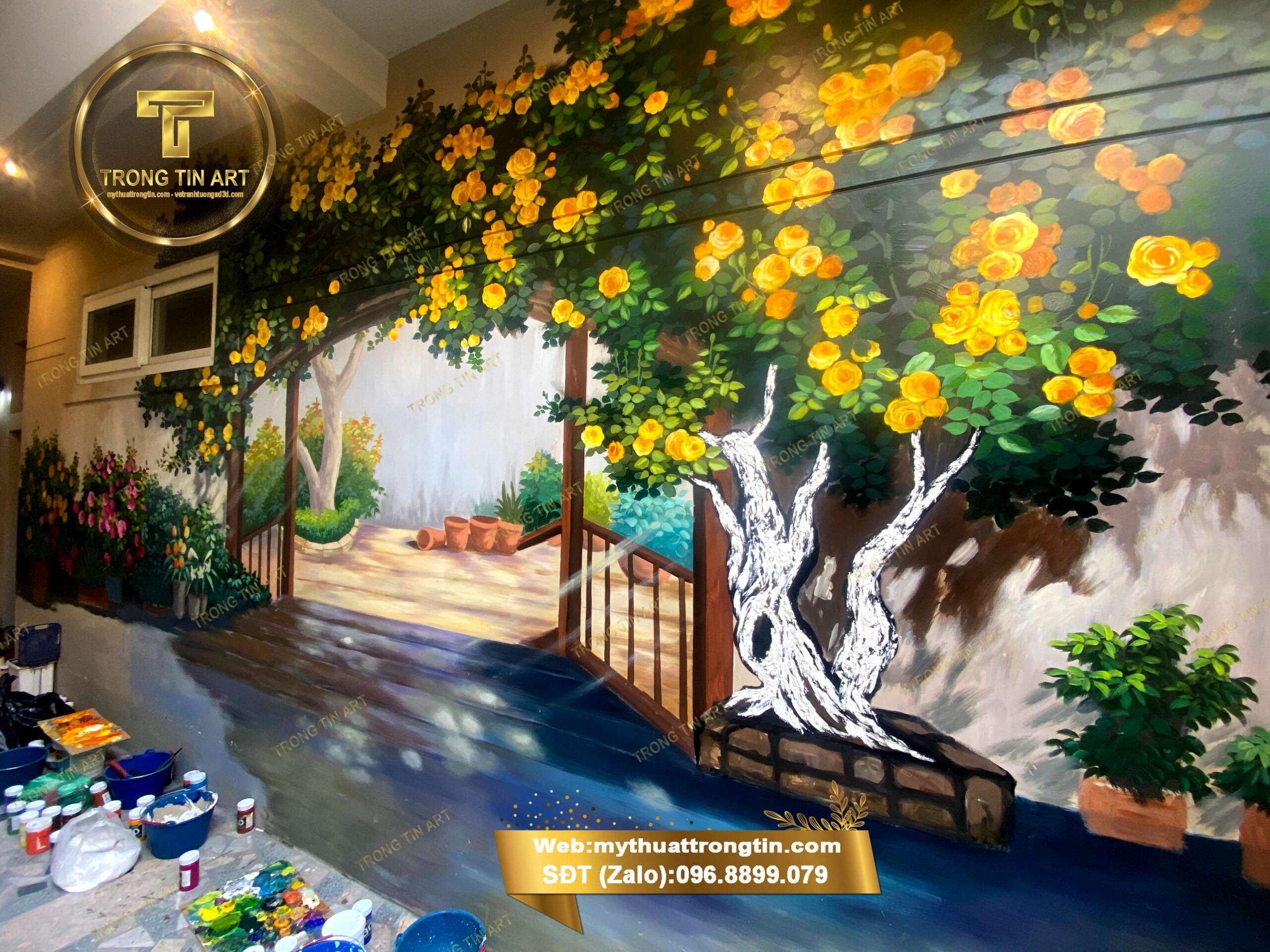 vẽ tranh tường hoa hồng,tranh tường hoa hồng quán cafe, vẽ tranh quán cafe hoa hồng, tranh tường 3D,vẽ tranh tường,vẽ tranh hoa hồng leo