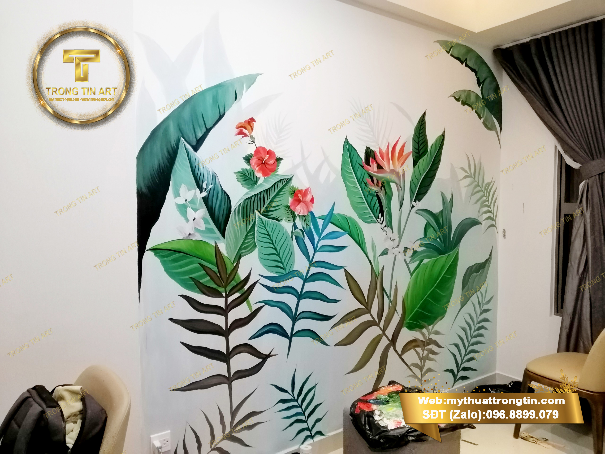 tranh vẽ phòng khách,vẽ tranh hoa lá nhiệt đới, tranh tường tropical đẹp,vẽ tranh tường phòng khách đẹp,vẽ tranh tường nhà ở tropical