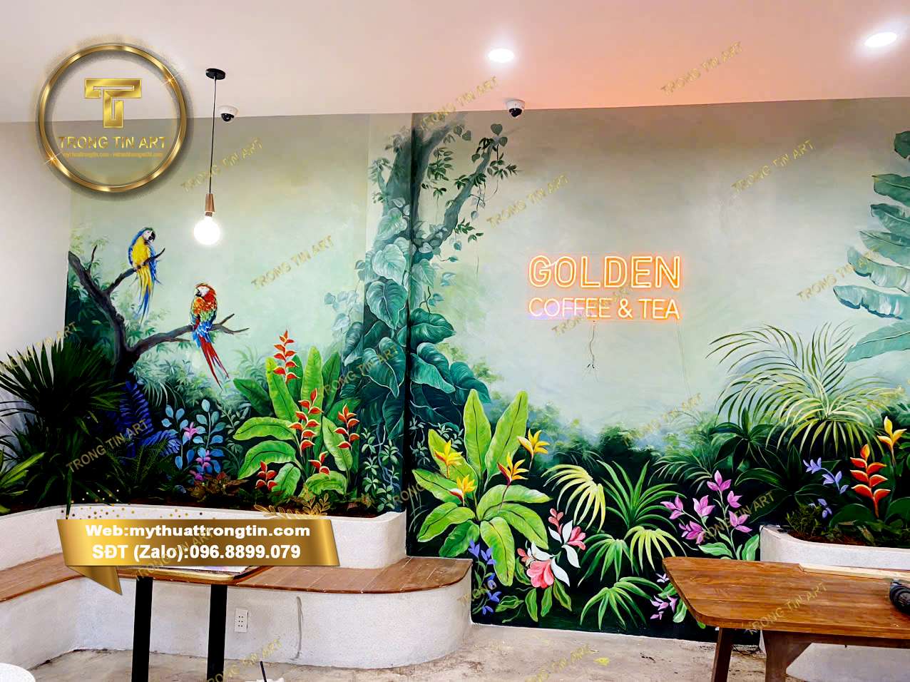 tranh tường quán cafe,tranh vẽ tường coffee tropical,vẽ tranh tường hoa lá nhiệt đới,tranh vẽ cafe ngoài trời,vẽ tranh tường tropical