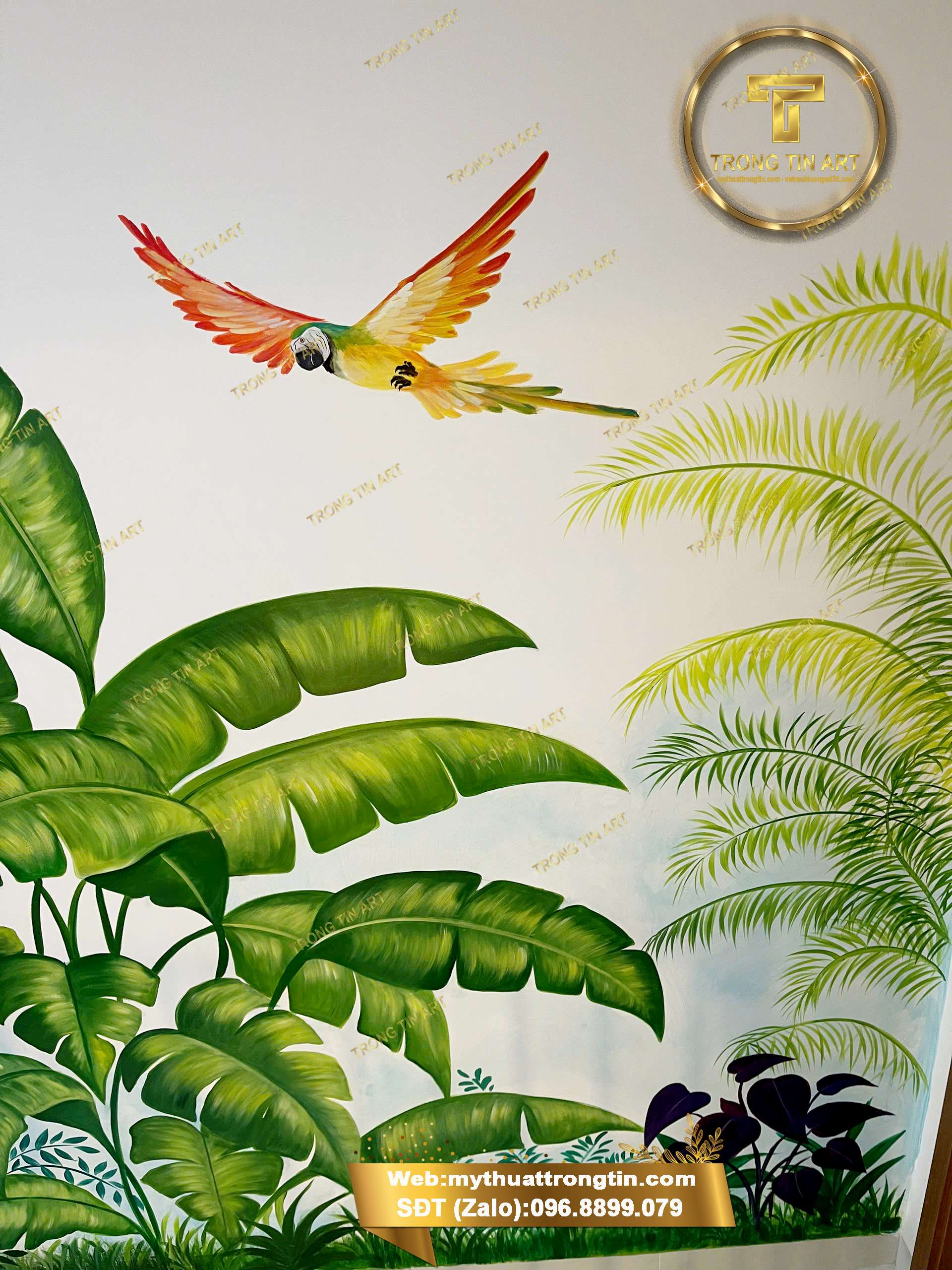  vẽ tranh tường nhà ở,vẽ tranh tường tropical,vẽ tranh tường rừng nhiệt đới,tranh tường phong cách lá cây,vẽ tranh tường phòng khách tropical
