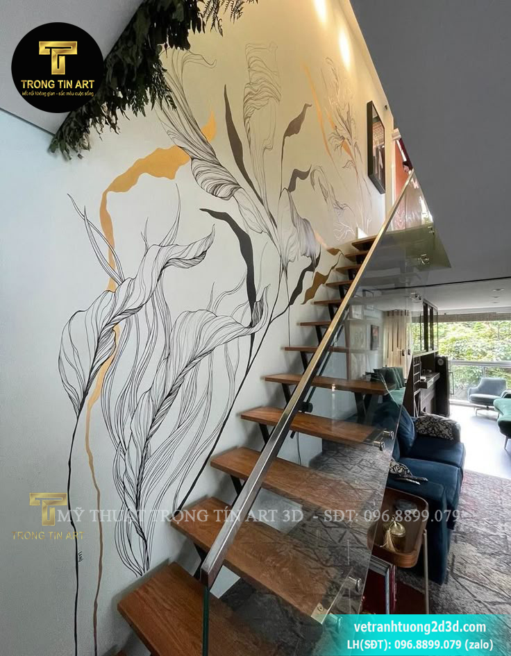 Vẽ Tranh Cầu Thang Hoa Lá, vẽ tranh cầu thang, tranh tường cầu thang phong cách tropical, vẽ tranh tropical hoa lá, tranh tường nhiệt đới