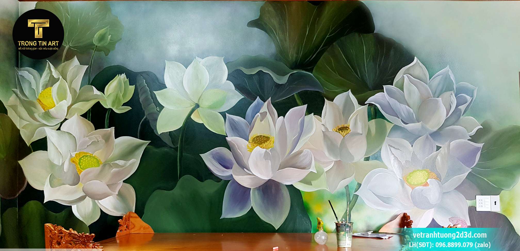 vẽ tranh tường hoa sen spa, tranh tường spa hoa sen đẹp, vẽ tranh hoa sen nghệ thuật cho spa, tranh sen treo tường spa, tranh hoa sen 