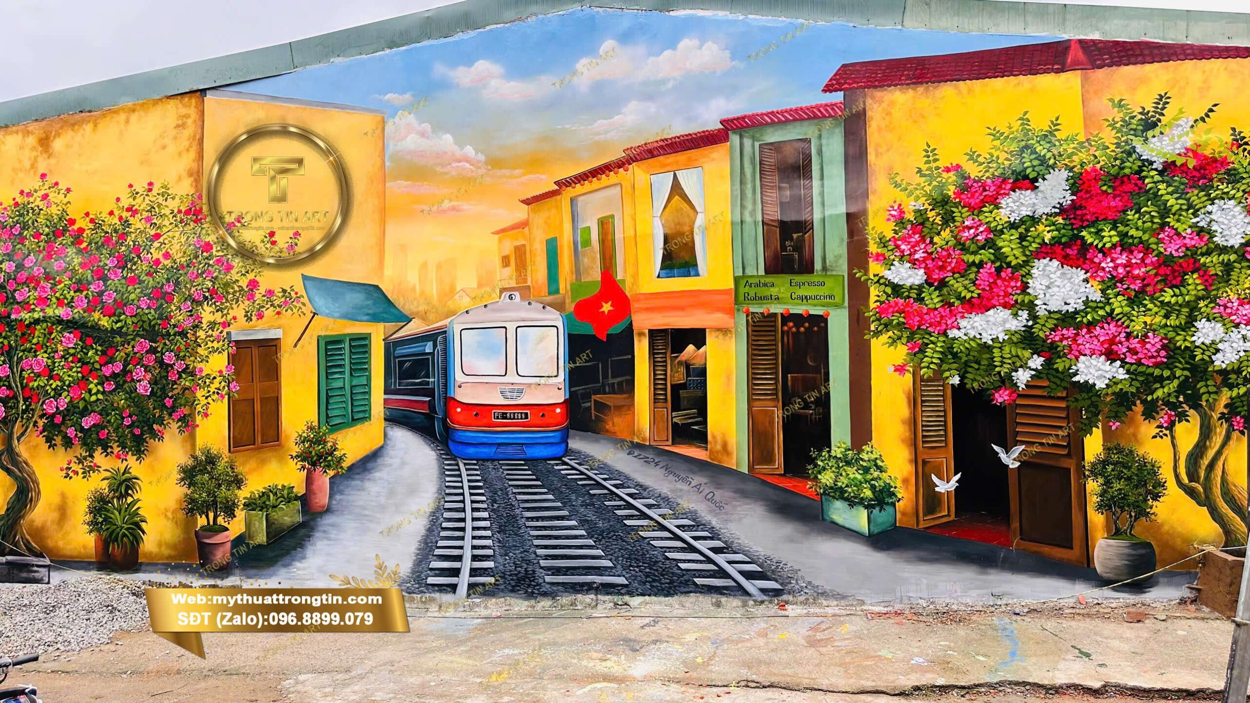 vẽ tranh tường 3d,vẽ tranh tường 3d phố cổ hà nội, tranh 3d tàu hỏa phố cổ, tranh tường hoa giấy, tranh tường check-in đẹp tranh phố cổ hà nội