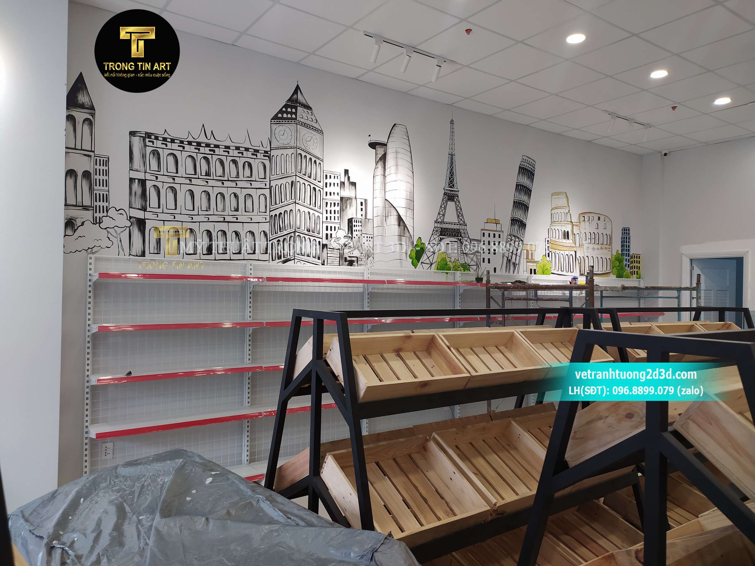 vẽ tranh tường cửa hàng tiện lợi, vẽ tranh tường siêu thị, vẽ tranh tường quảng cáo sản phẩm, tranh tường cửa hàng mini,vẽ cửa hàng trái cây