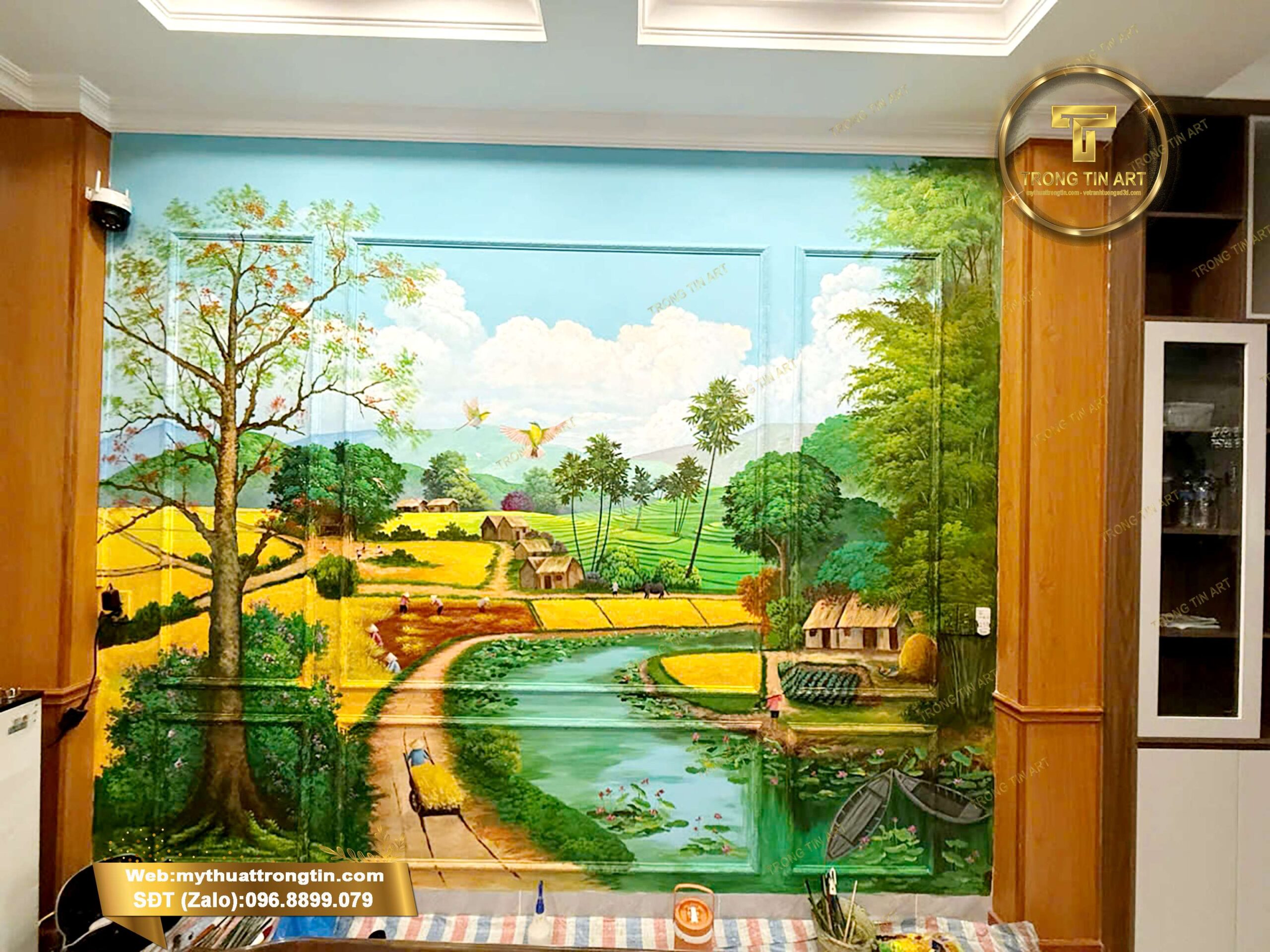 tranh tường đồng quê, tranh tường phong cảnh đồng quê, tranh phong cảnh, tranh đồng lúa, tranh tường làng quê, vẽ tranh tường quê hương
