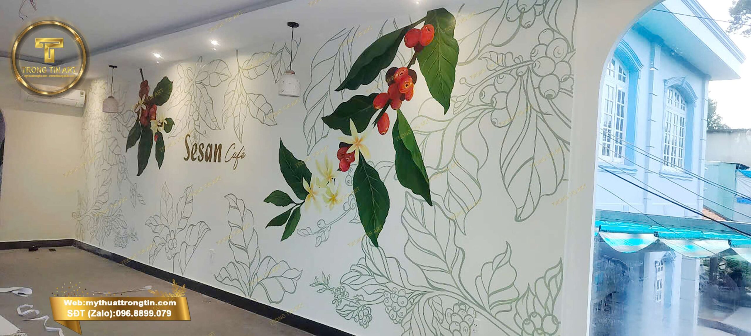 vẽ tranh tường quán coffee, tranh tường quán cafe đẹp, vẽ tranh tường 3D quán cafe, tranh tường quán coffee phong cách tropical