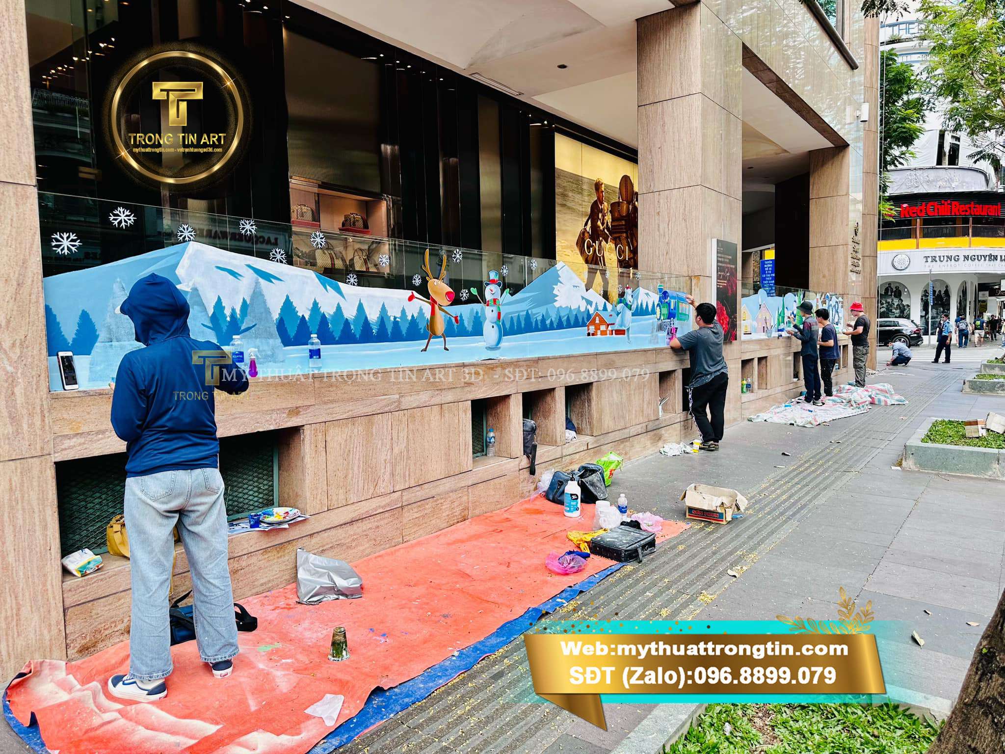 vẽ tranh kính Noel 2026, tranh kính Giáng Sinh đẹp, vẽ tranh kính Noel quán cafe, vẽ tranh kính Noel nhà hàng, tranh kính Noel spa