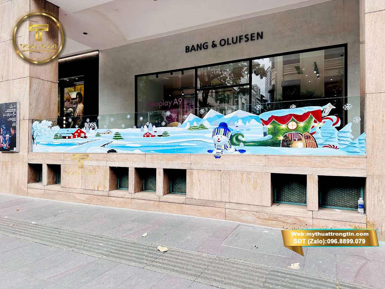 vẽ tranh kính Noel 2026, tranh kính Giáng Sinh đẹp, vẽ tranh kính Noel quán cafe, vẽ tranh kính Noel nhà hàng, tranh kính Noel spa