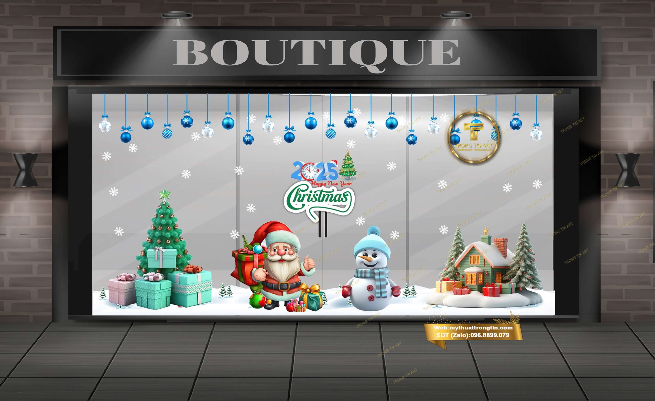vẽ tranh kính Noel cửa hàng, vẽ kính Noel mặt tiền, vẽ tranh Noel shop thời trang, vẽ kính Noel quán trà sữa, vẽ tranh Noel trên cửa kính