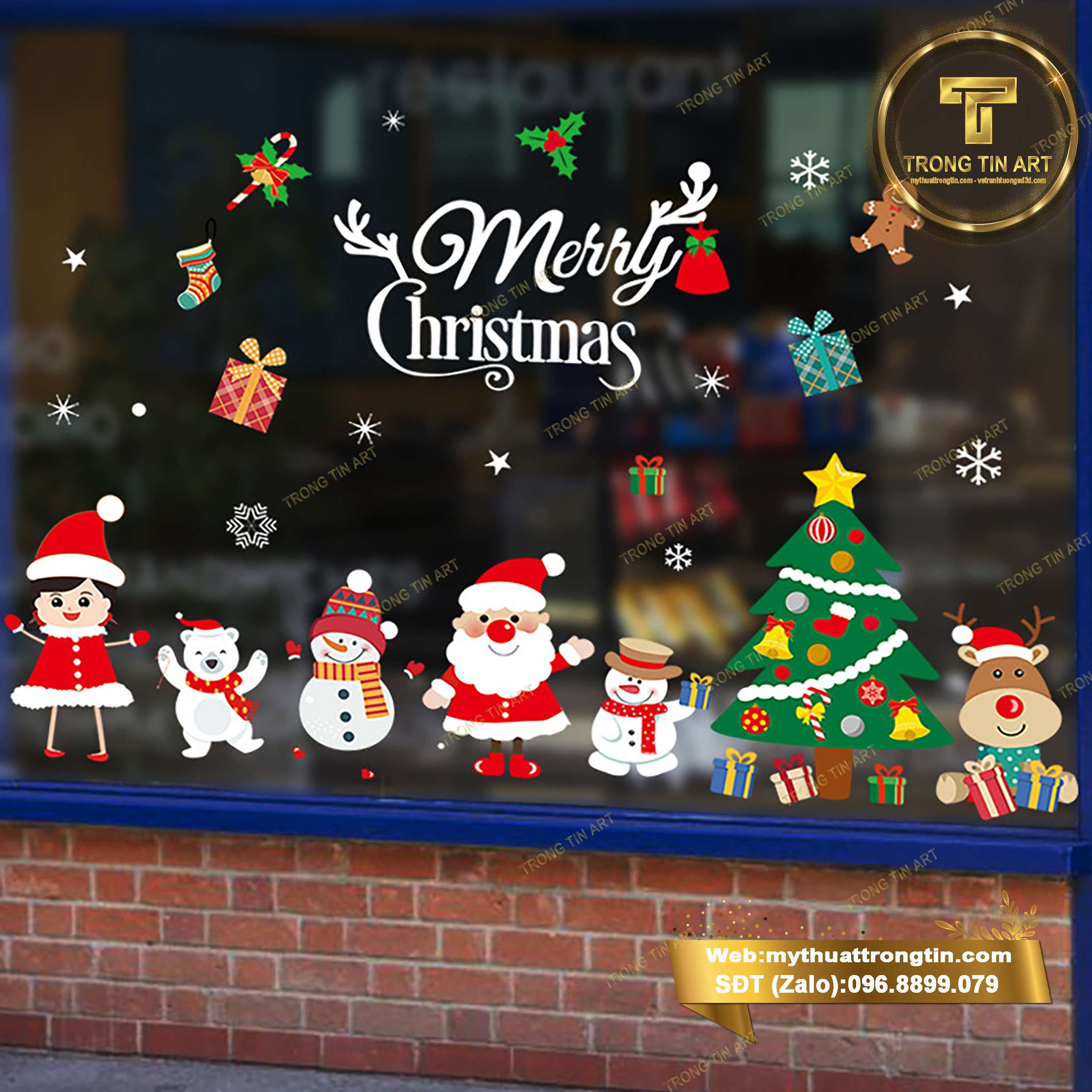 vẽ tranh kính Noel cửa hàng, vẽ kính Noel mặt tiền, vẽ tranh Noel shop thời trang, vẽ kính Noel quán trà sữa, vẽ tranh Noel trên cửa kính