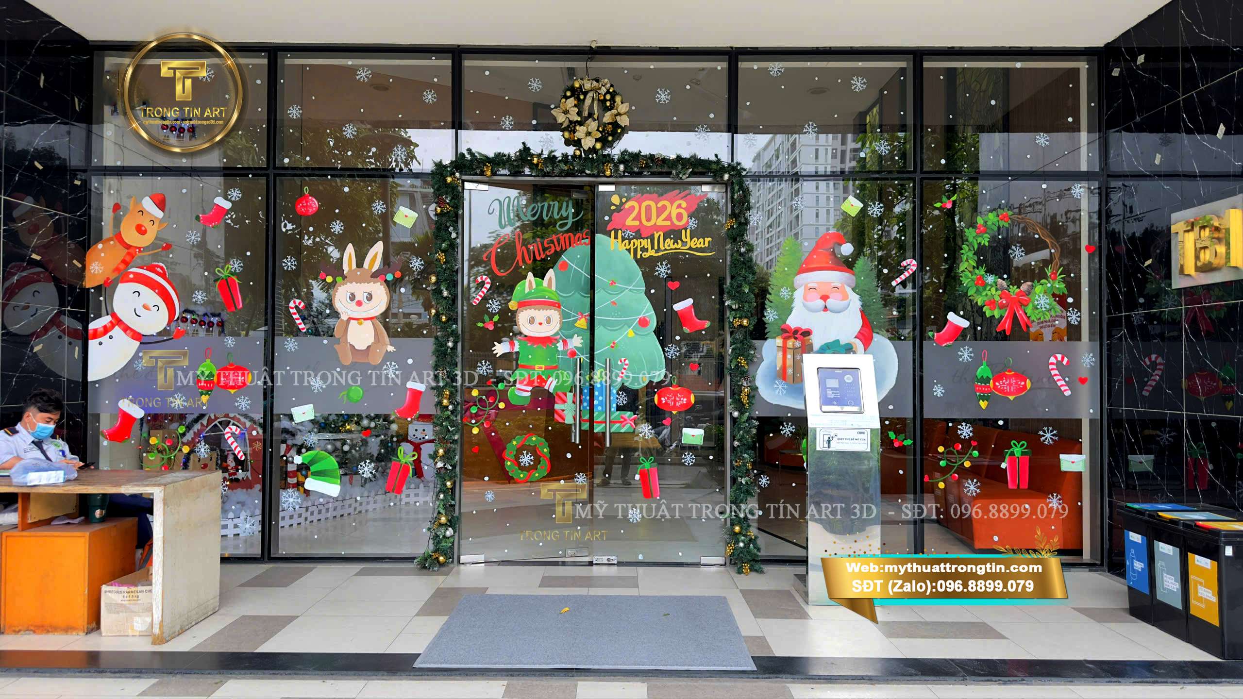vẽ tranh kính Noel chung cư , vẽ tranh kính Giáng Sinh , trang trí kính Noel , vẽ tranh kính cửa hàng , vẽ tranh kính quán cafe 